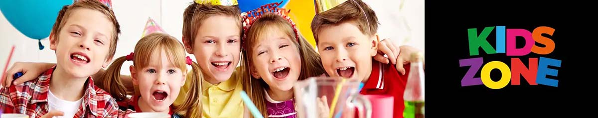 Children with text: 'Kids Zone'.